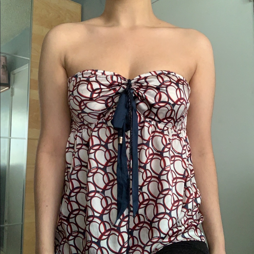 GUESS Silk Halter Strapless Top Red White Blue